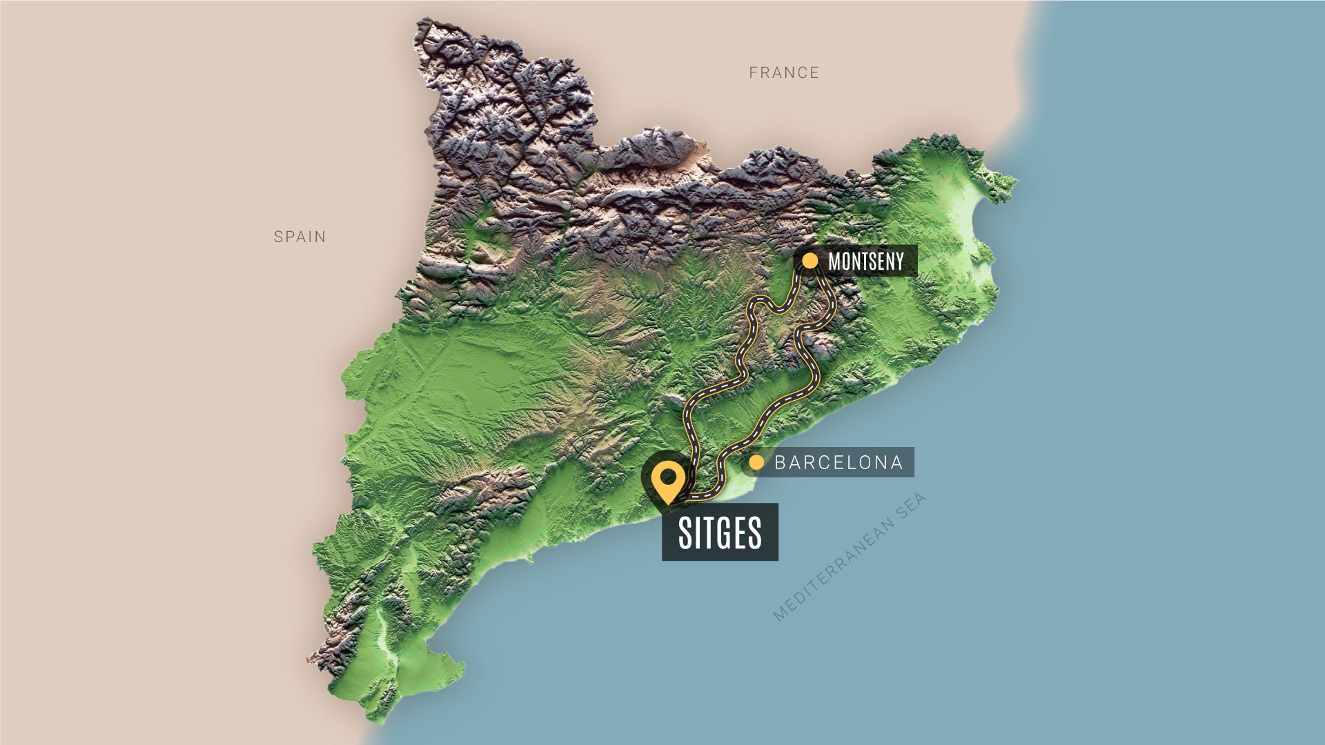 A map that depicts the motorbike route from sitges to Montseny.