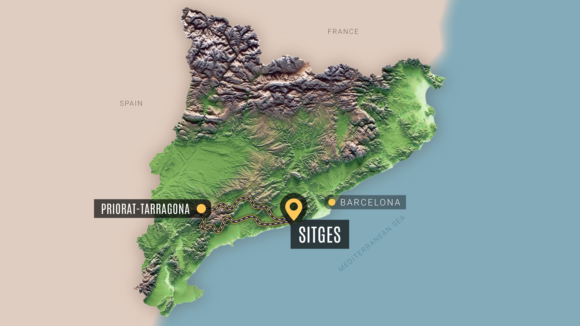 A map that depicts the motorbike route from sitges to Priorat.