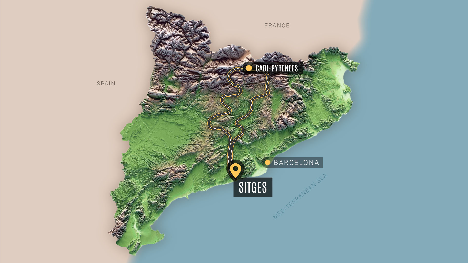 A map that depicts the motorbike route from sitges to pyrenees.